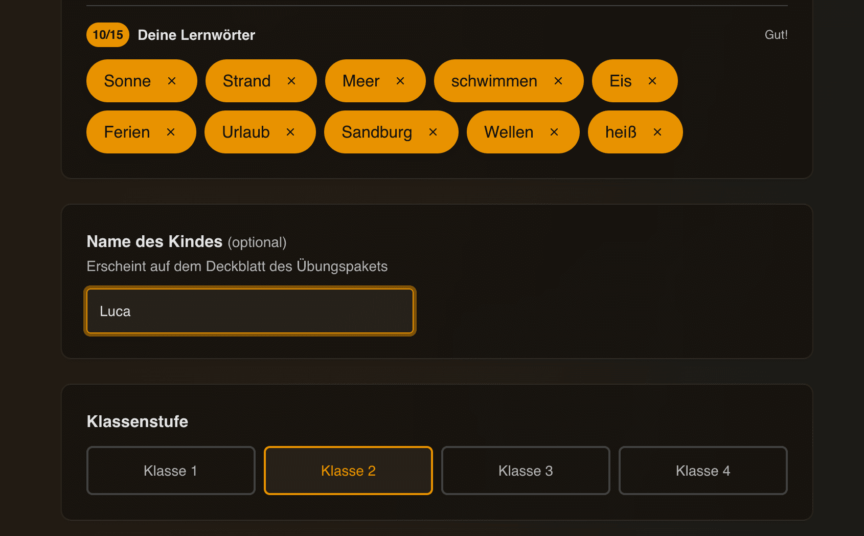 Lernwörter eingeben, Name und Klassenstufe wählen