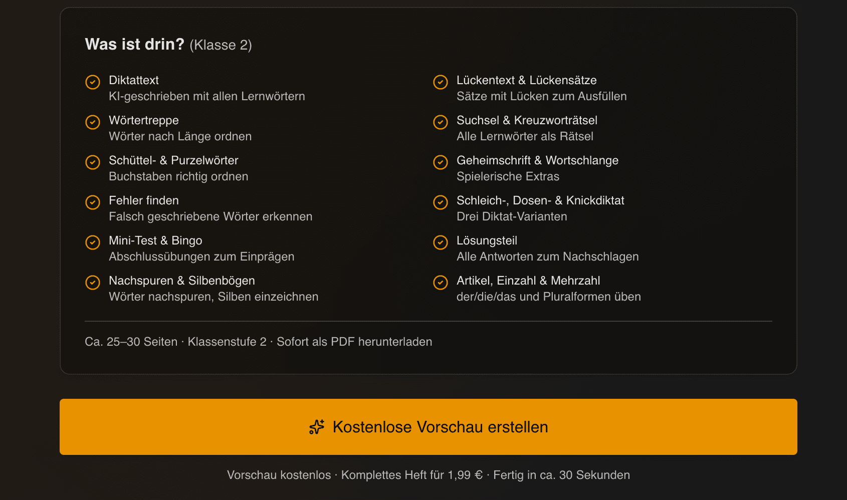 Übungsliste und Kostenlose Vorschau erstellen Button