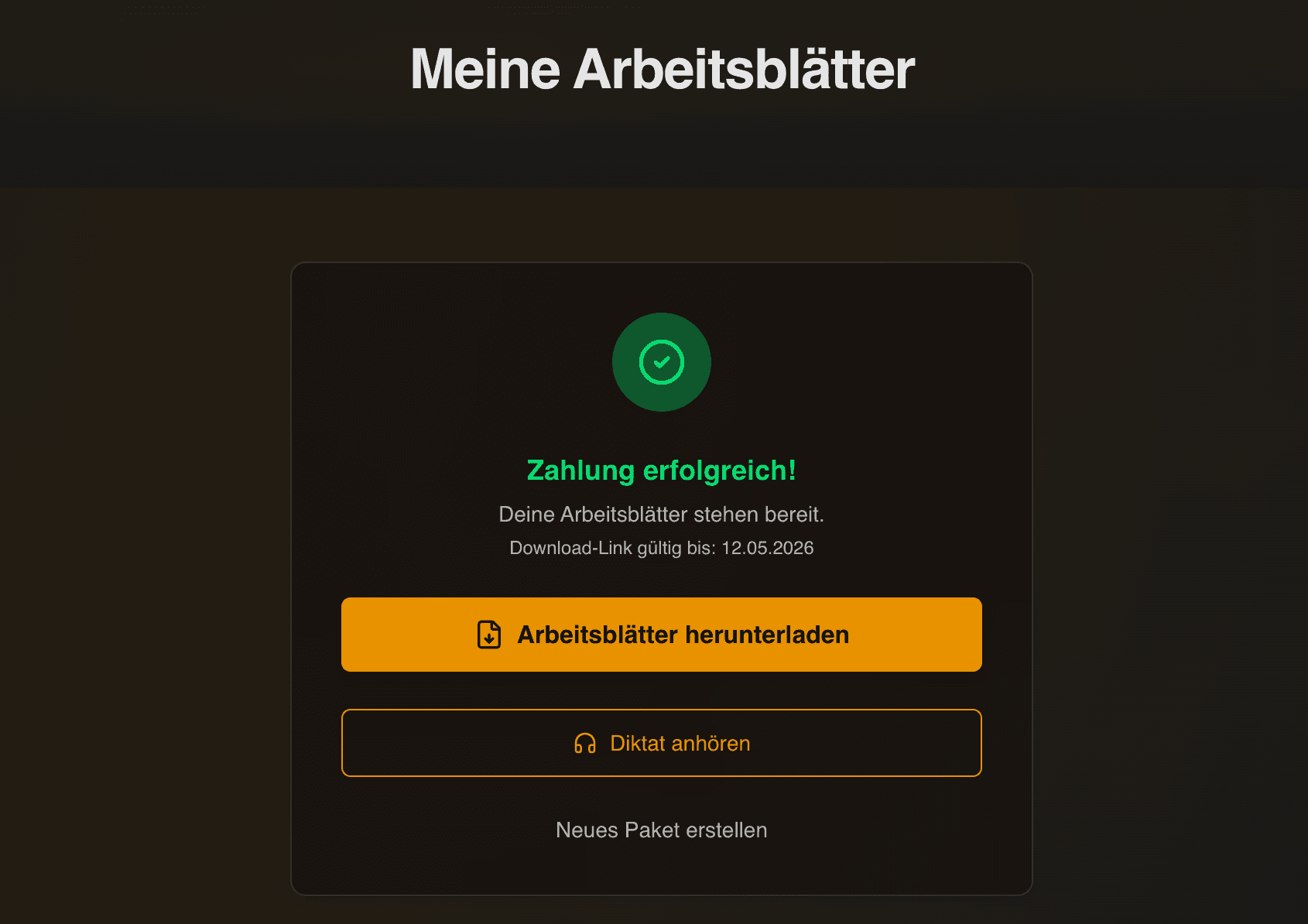 Zahlung erfolgreich — Arbeitsblätter herunterladen und Diktat anhören
