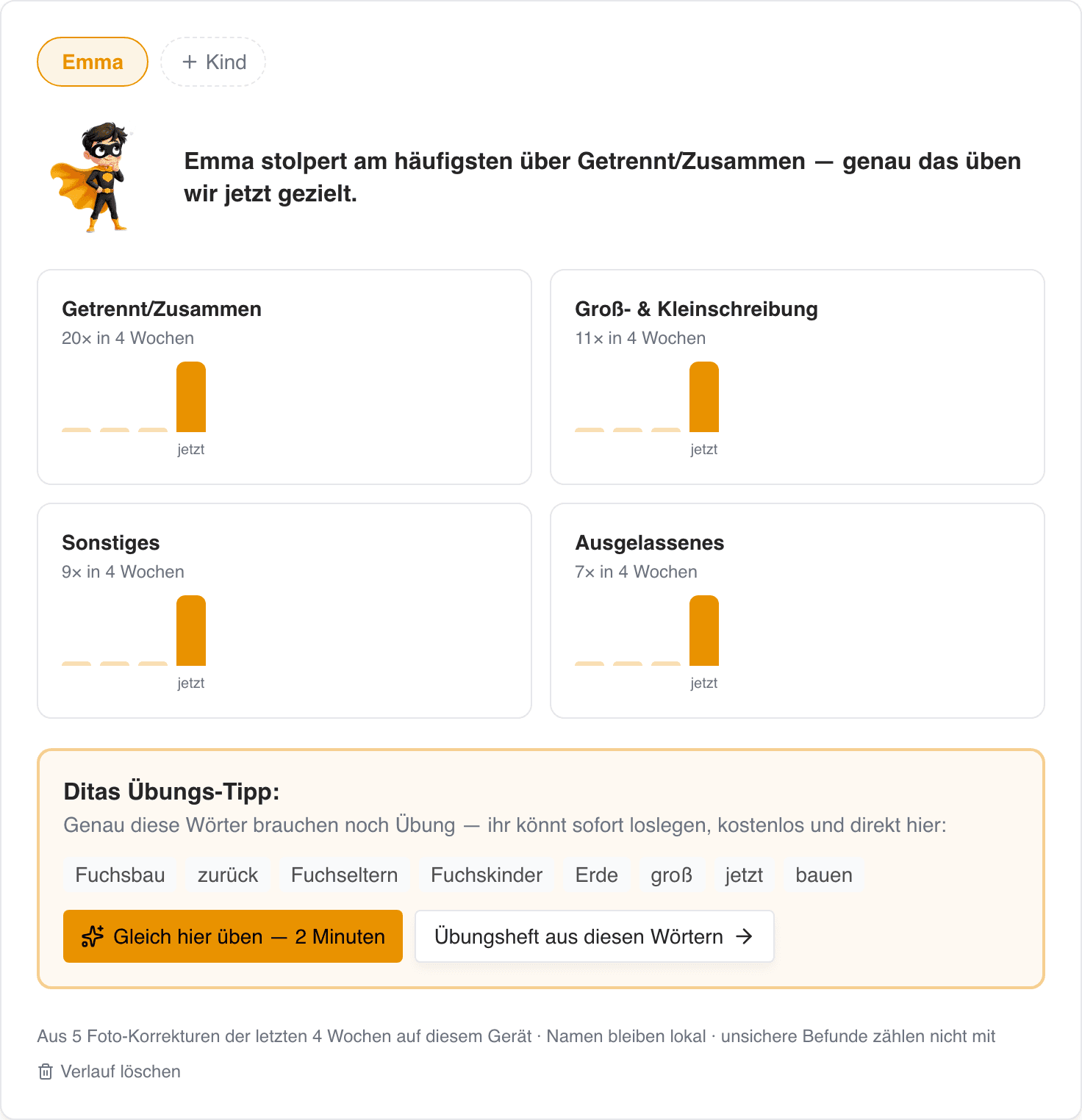 Das Fehlerprofil zeigt Fehlertypen über vier Wochen und die Stolperwörter