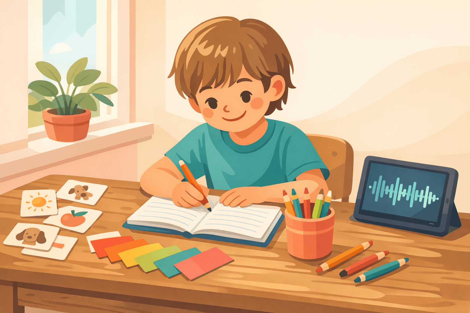 Kind übt Lernwörter am Schreibtisch mit Karteikarten und Tablet