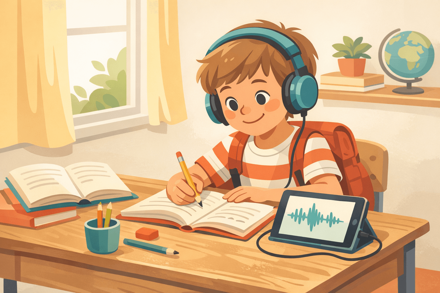 Grundschulkind übt ein Diktat mit Heft, Stift und Tablet