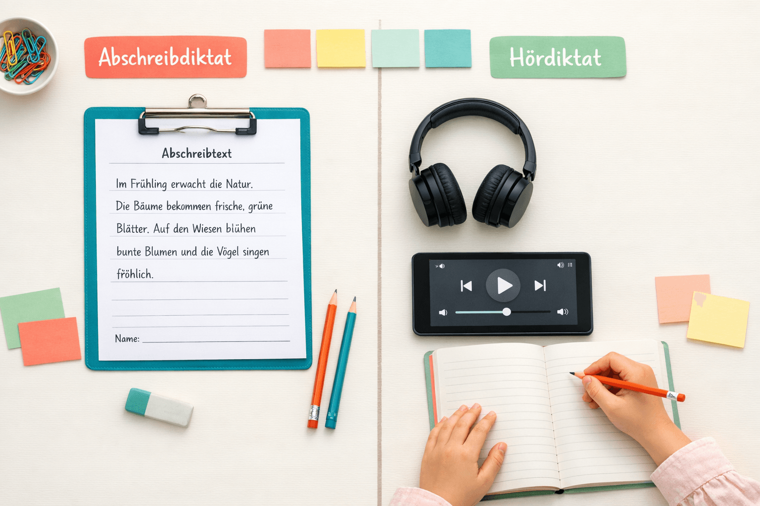 Lehrerin erklärt Unterschied zwischen Diktat und Abschreibdiktat an der Tafel