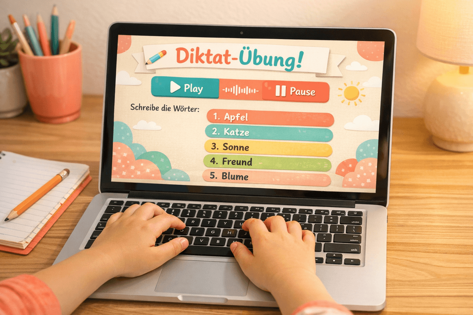 Kind übt mit dem Online-Diktattrainer Diktatheld am Laptop