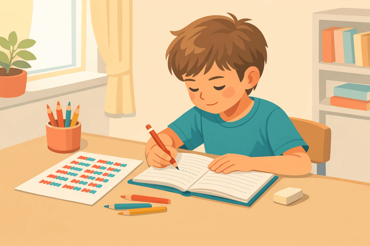 Kind schreibt ein Abschreibdiktat sorgfältig von einem Arbeitsblatt ab