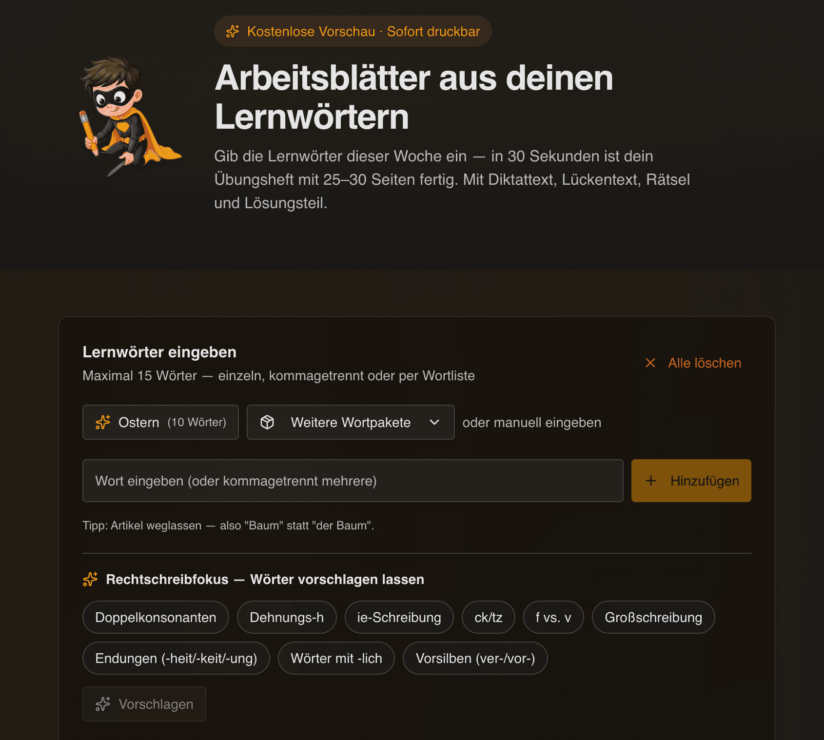 Arbeitsblätter aus deinen Lernwörtern — Eingabeseite