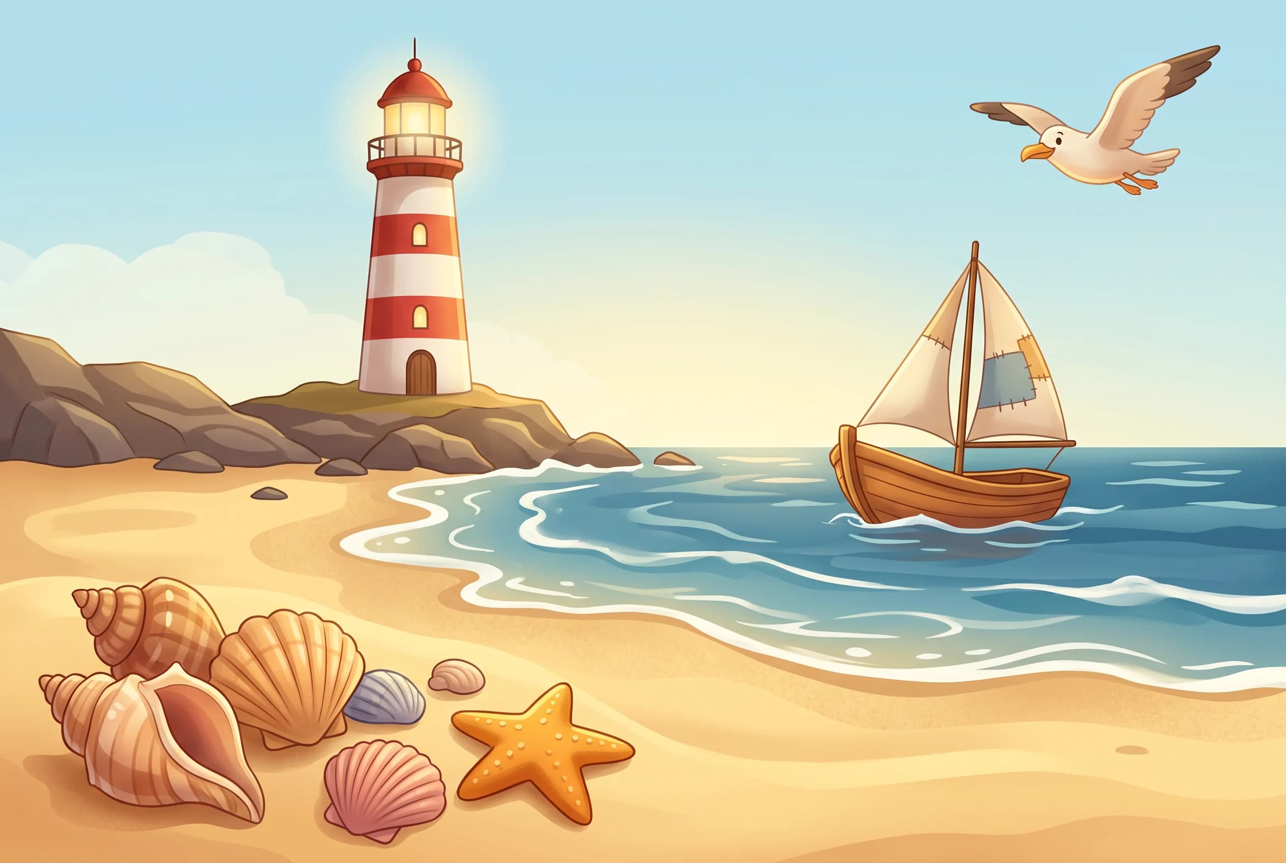 Sandstrand mit gestreiftem Leuchtturm, Segelboot und Muscheln