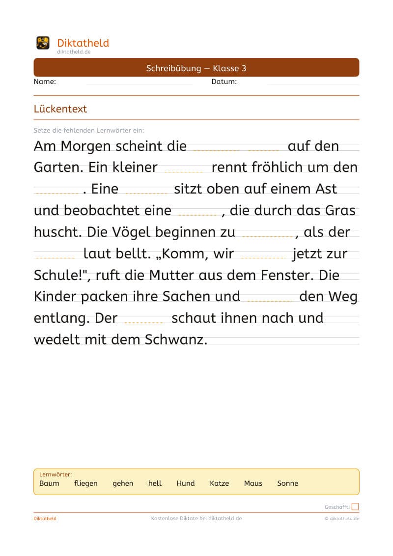 Lückentext — Beispiel-Übung aus dem Diktatheld-Heft