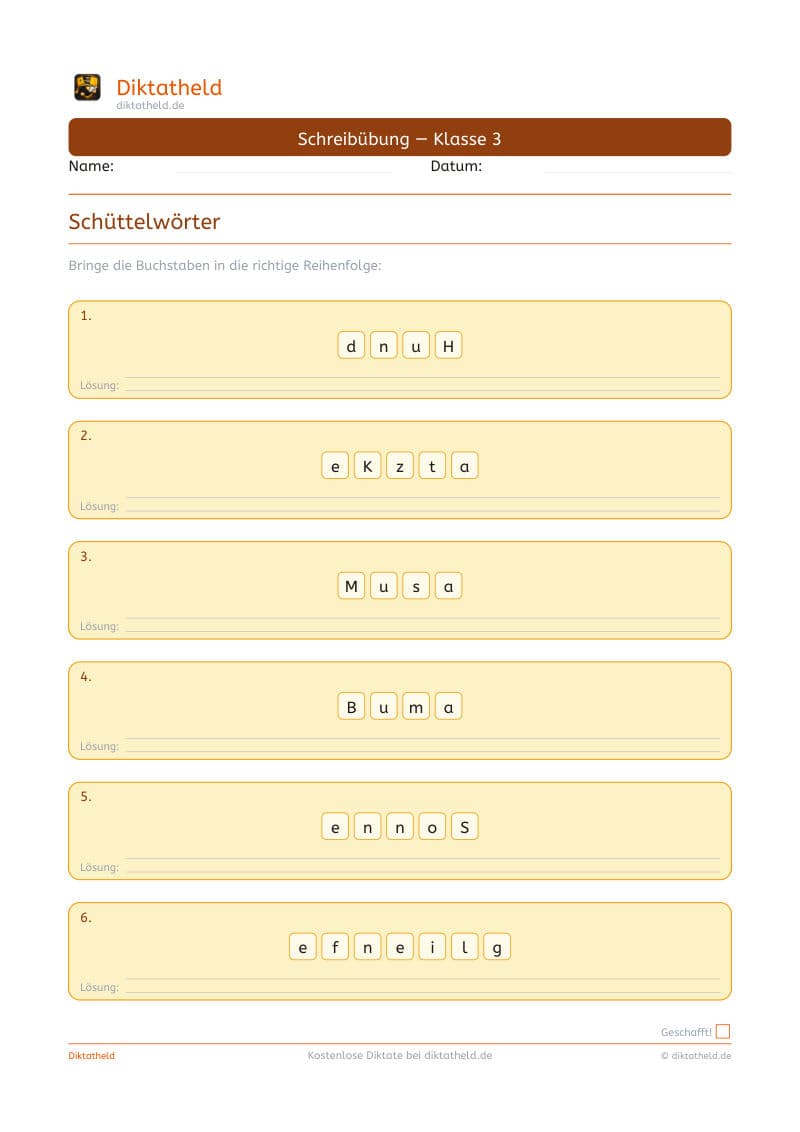 Schüttelwörter — Beispiel-Übung aus dem Diktatheld-Heft