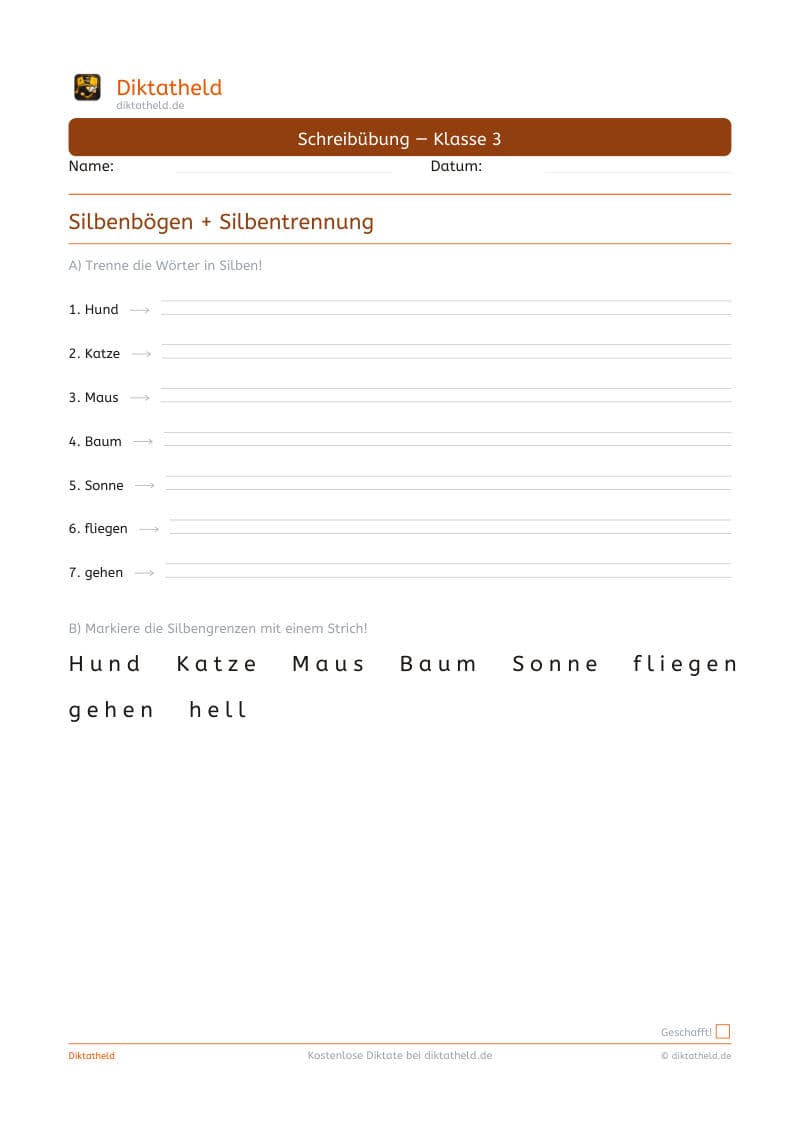 Silbenbögen — Beispiel-Übung aus dem Diktatheld-Heft