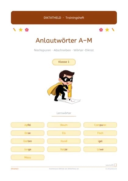 Deckblatt: Anlautwörter A–M, Klasse 1
