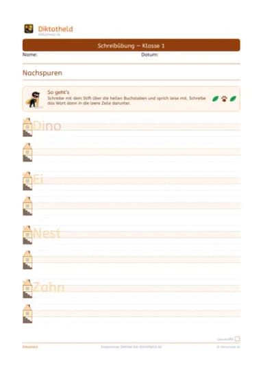 Übungsseite Dinosaurier, Klasse 1