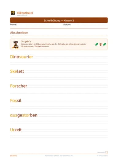 Übungsseite Dinosaurier & Urzeit, Klasse 3