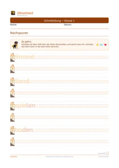 Übungsseite Ferienwörter, Klasse 1