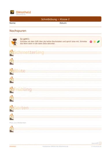 Übungsseite Frühlingswörter, Klasse 2
