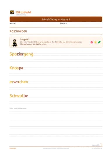 Übungsseite Frühlingswörter, Klasse 3