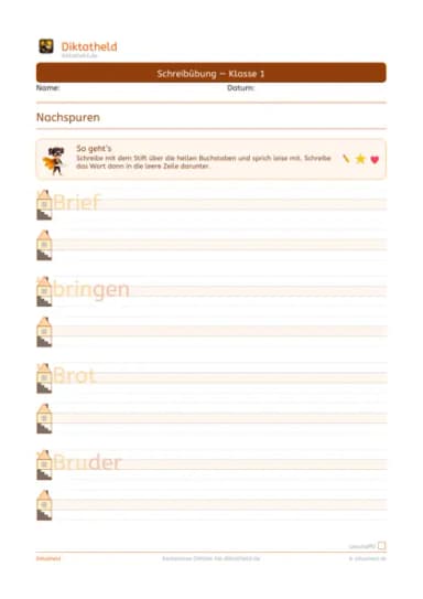 Übungsseite Grundwörter B–D, Klasse 1