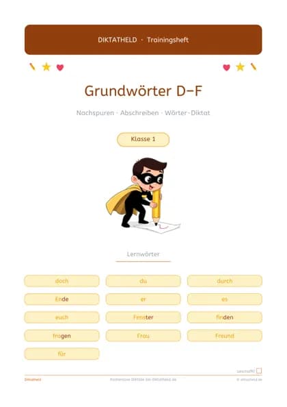 Deckblatt: Grundwörter D–F, Klasse 1–2