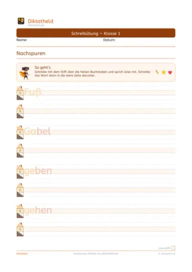 Übungsseite Grundwörter F–H, Klasse 1