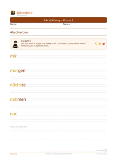 Übungsseite Grundwörter M–S, Klasse 3