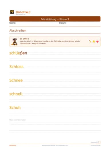 Übungsseite Grundwörter S, Klasse 3