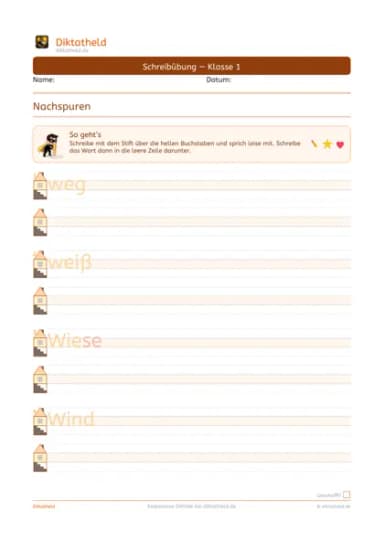 Übungsseite Grundwörter W–Z, Klasse 1