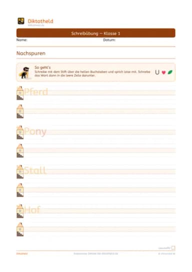 Übungsseite Pferde & Ponys, Klasse 1