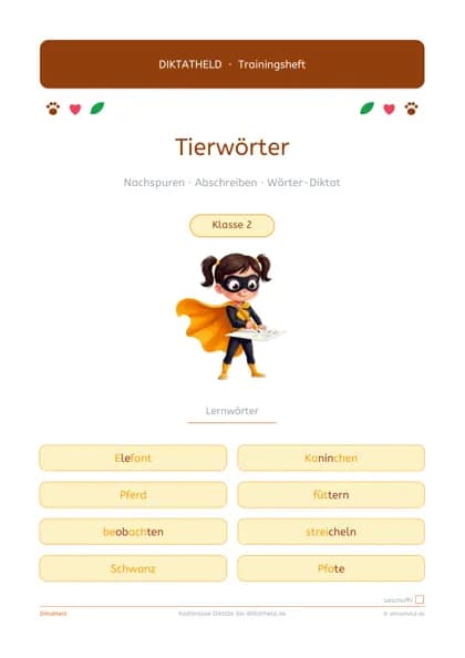 Deckblatt: Tierwörter, Klasse 2
