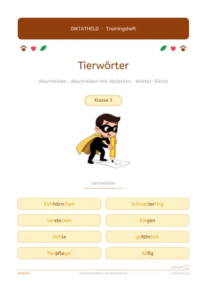 Deckblatt: Tierwörter, Klasse 3