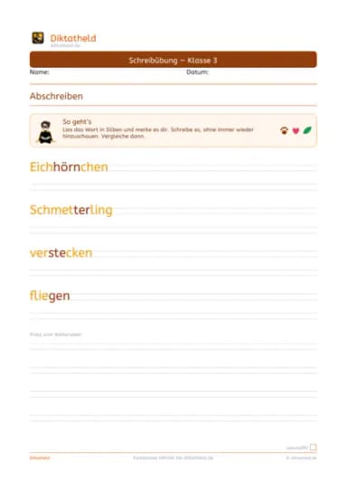 Übungsseite Tierwörter, Klasse 3