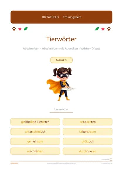 Deckblatt: Tierwörter, Klasse 4