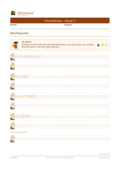 Übungsseite Weihnachtswörter, Klasse 2
