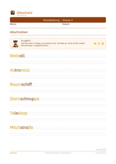 Übungsseite Weltraum & Astronauten, Klasse 3