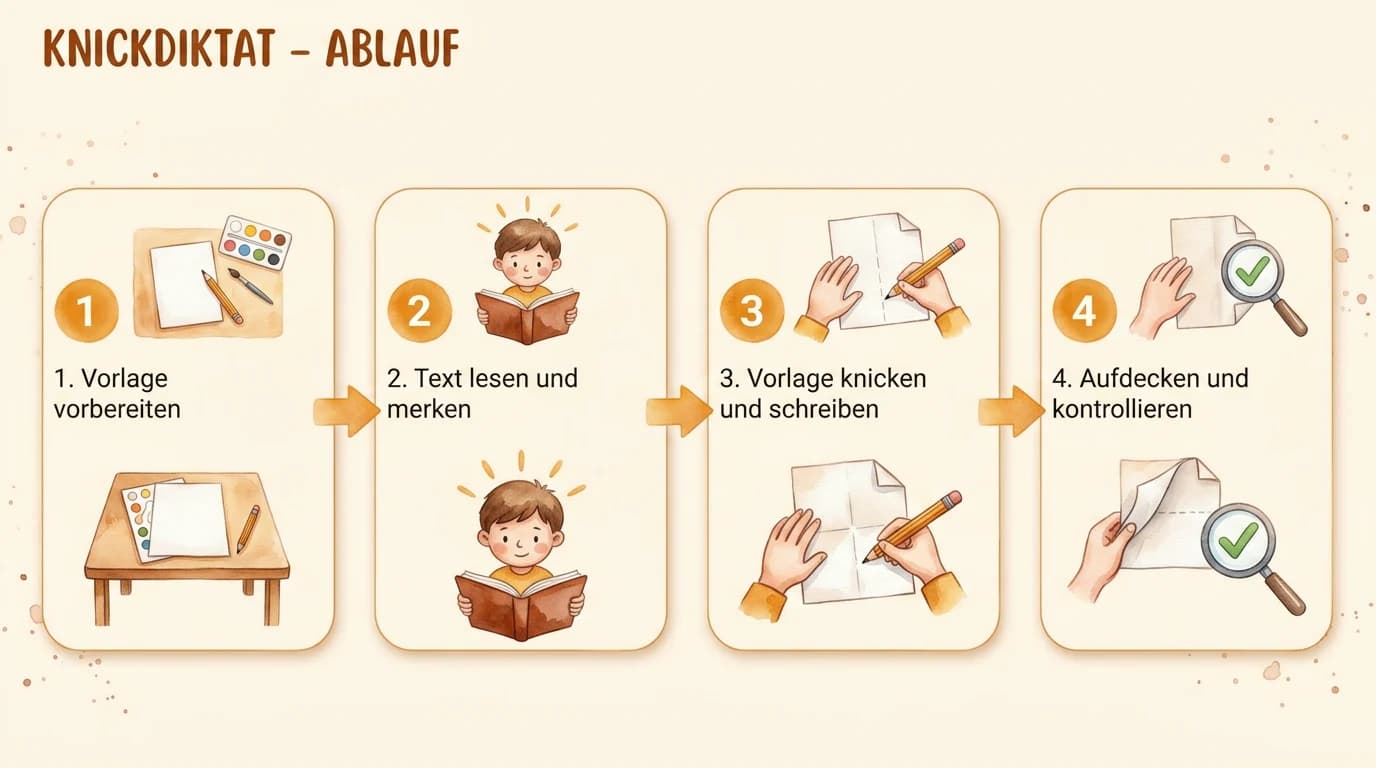 Ablauf eines Knickdiktats in 4 Schritten: 1. Vorlage vorbereiten, 2. Text lesen und merken, 3. Vorlage knicken und schreiben, 4. Aufdecken und kontrollieren.