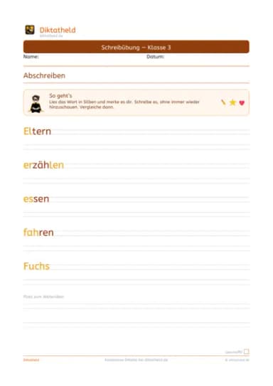 Übungsseite Grundwörter E–H, Klasse 3