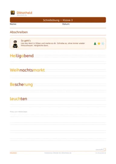 Übungsseite Weihnachtswörter, Klasse 3
